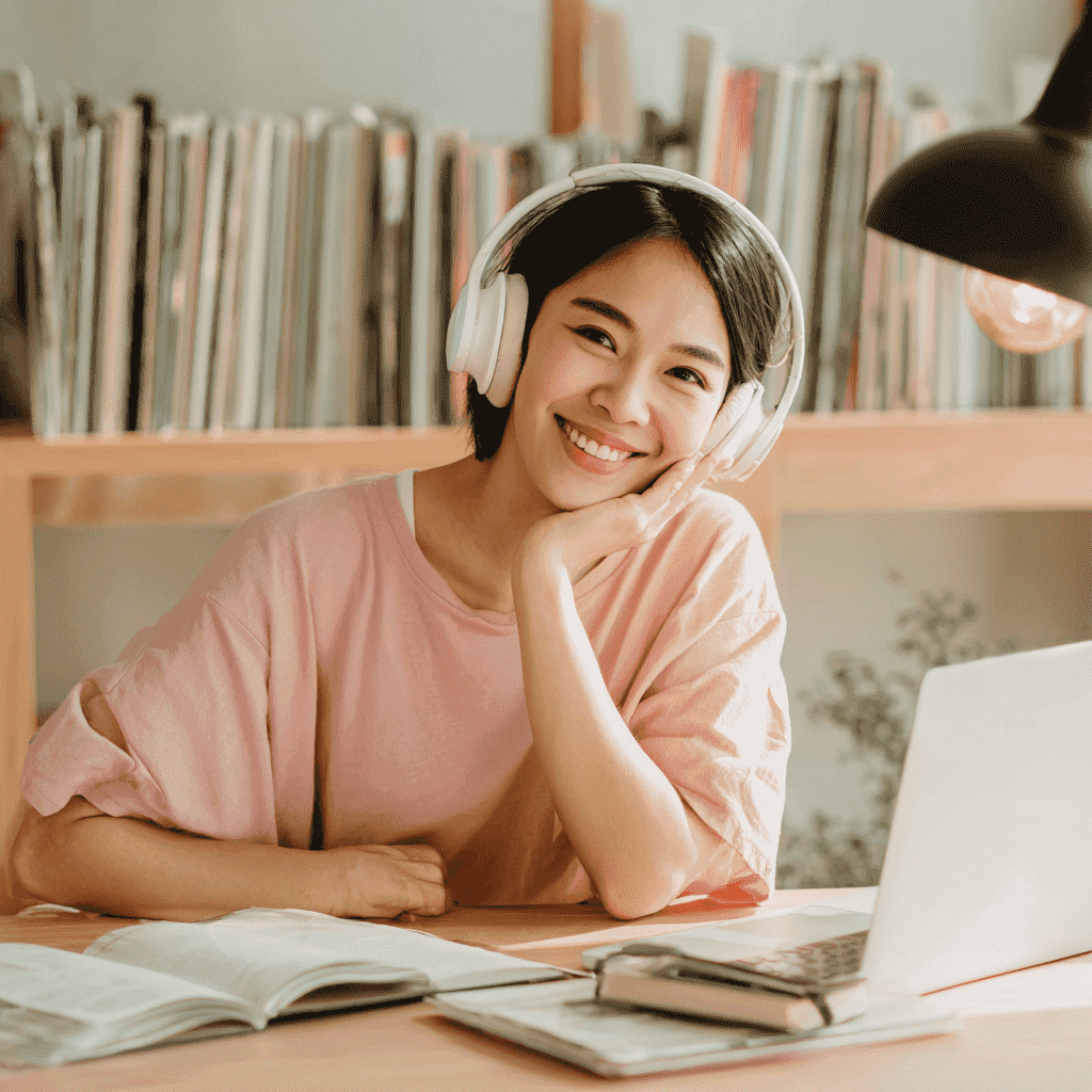 オンラインで楽しく学習する女性